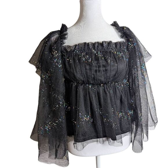 Symphony Black Iridescent Sequin Mesh Ruffle Off-Shoulder Bell Sleeve Top S - Picture 5 of 7